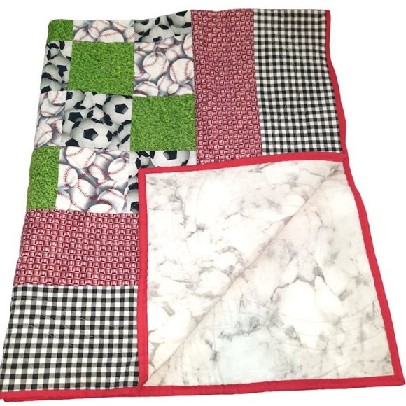 Project Linus Handmade Patchwork Sports Soccer Baseball Quilt Blanket 41" X 49" - Picture 6 of 7